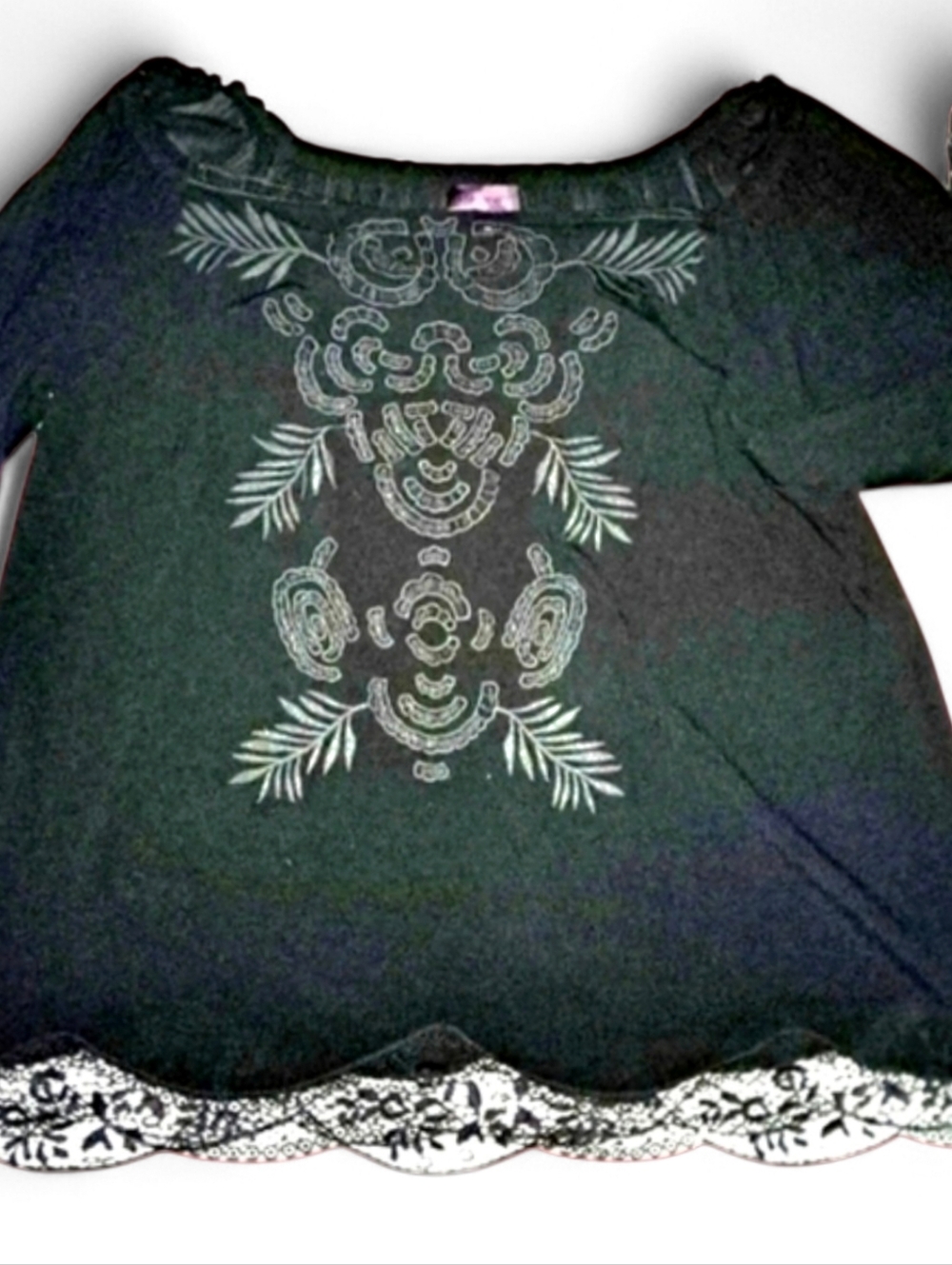 Hale Bob Tunic Black L/XL Embroidered Blk/Wht Lace EUC Boho Chic